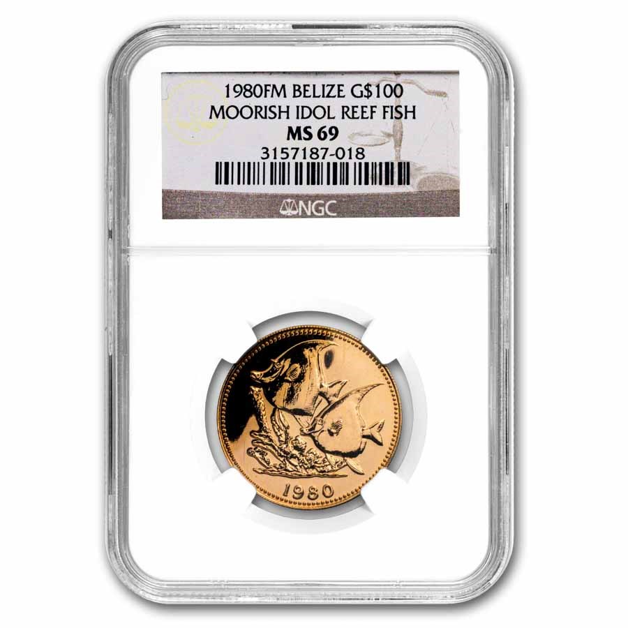 1980-FM Belize Gold 100 Dollar Reef Fish MS-69 NGC