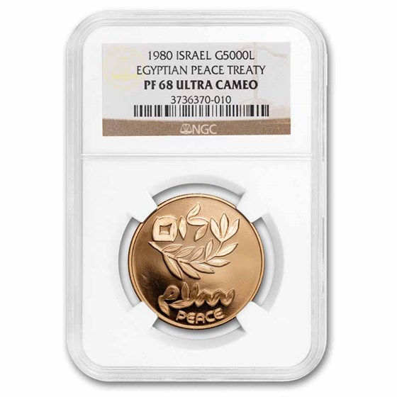 1980 Israel 1/2 oz Gold 5000 Lirot Peace PF-68 NGC 1980 Israel 1/2 oz Gold 5000 Lirot Peace PF-68 NGC