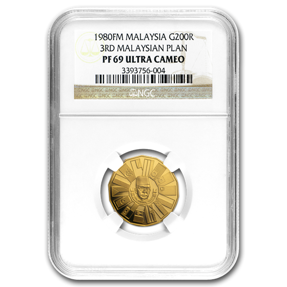 1980 Malaysia Proof Gold 200 Ringgit 3rd Malaysian Plan PF-69 NGC 1980 Malaysia Proof Gold 200 Ringgit 3rd Malaysian Plan PF-69 NGC