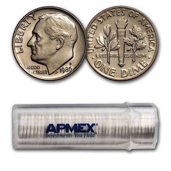 1980-P Roosevelt Dime 50-Coin Roll BU 1980-P Roosevelt Dime 50-Coin Roll BU