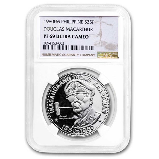 1980FM Philippines Silver 25 Piso Douglas Macarthur PF-69 NGC 1980FM Philippines Silver 25 Piso Douglas Macarthur PF-69 NGC