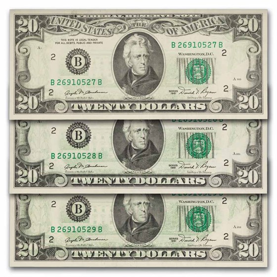 1981 $20 FRN CU (Fr#2073-B) 6 Progressive Offset Errors