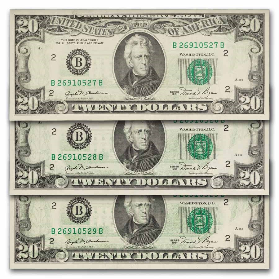 1981 $20 FRN CU (Fr#2073-B) 6 Progressive Offset Errors