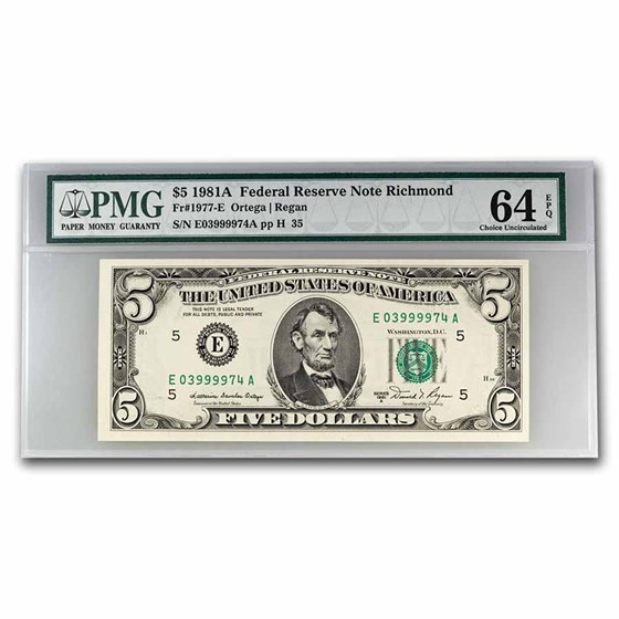 1981-A (E-Richmond) $5 FRN Choice CU-64 EPQ PMG (Fr#1977-E) 1981-A (E-Richmond) $5 FRN Choice CU-64 EPQ PMG (Fr#1977-E)