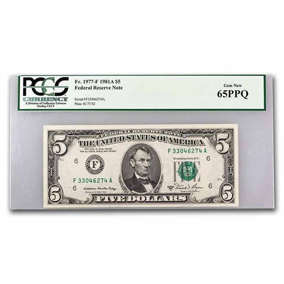 1981-A (F-Atlanta) $5.00 FRN Gem CU-65 PPQ PCGS (Fr#1977-F) 1981-A (F-Atlanta) $5.00 FRN Gem CU-65 PPQ PCGS (Fr#1977-F)