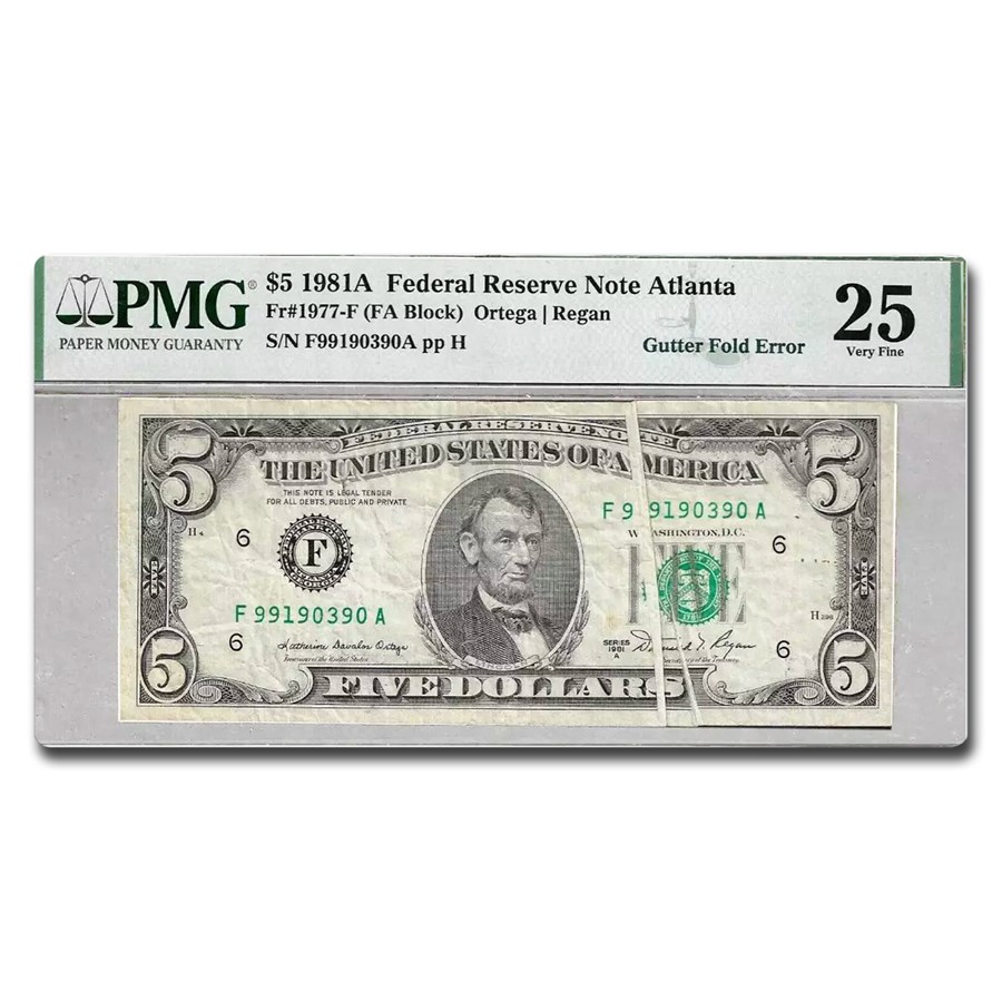 1981-A (F-Atlanta) $5 FRN Gem VF-25 PMG (Fr#1977-F) Fold Error