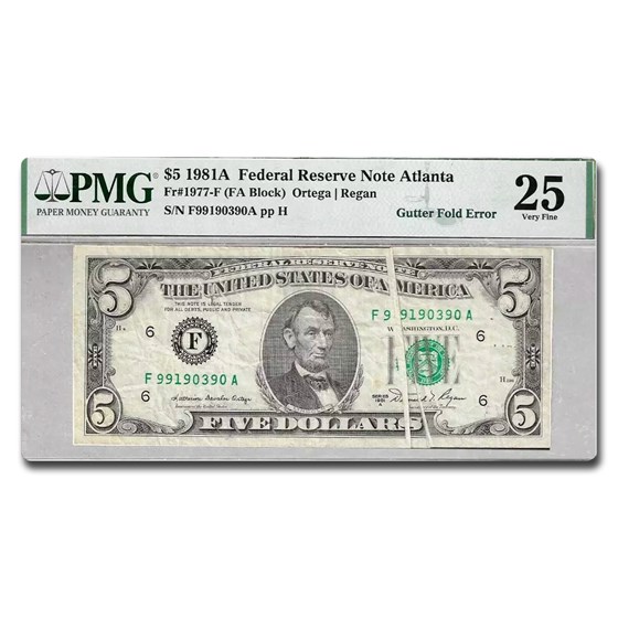 1981-A (F-Atlanta) $5 FRN Gem VF-25 PMG (Fr#1977-F) Fold Error 1981-A (F-Atlanta) $5 FRN Gem VF-25 PMG (Fr#1977-F) Fold Error