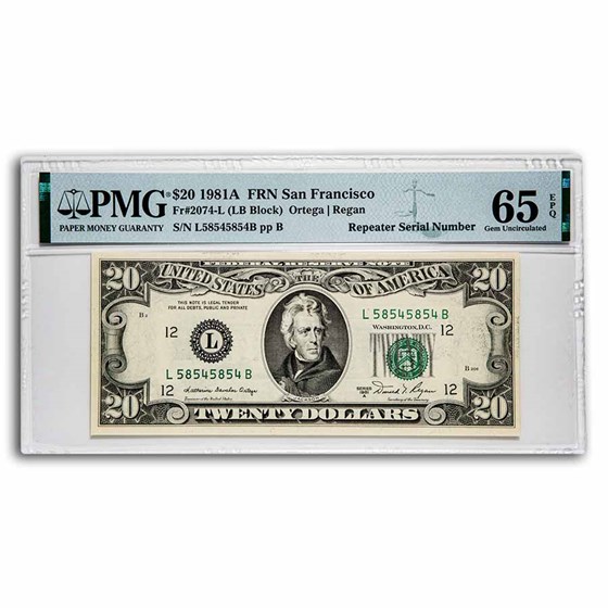 1981-A (L-San Fran) $20 FRN CU-65 EPQ PMG (Fr#2074-L) Repeater 1981-A (L-San Fran) $20 FRN CU-65 EPQ PMG (Fr#2074-L) Repeater