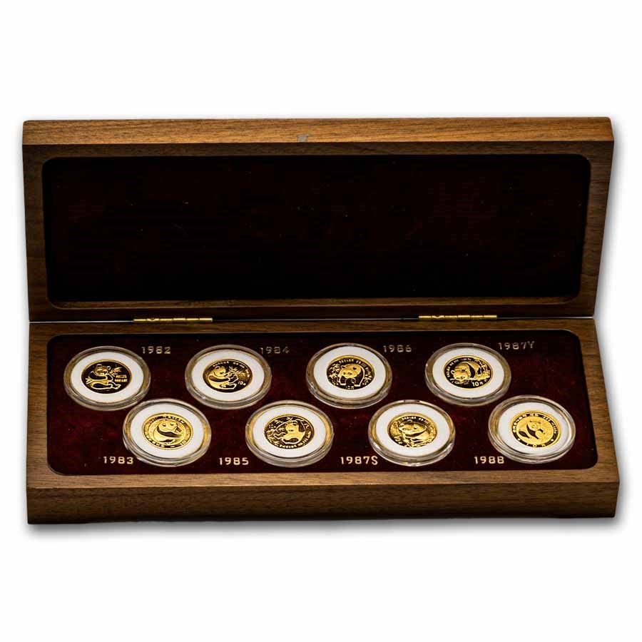 1982-1988 China 8-Coin Gold Panda Set BU (with Box)