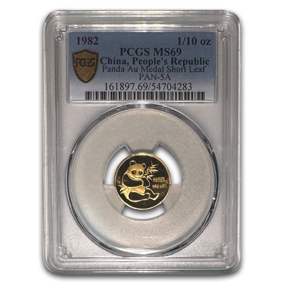1982 China 1/10 oz Gold Panda MS-69 PCGS (Short Leaf)