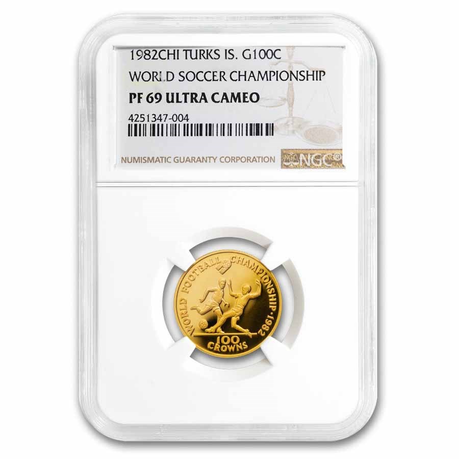 1982 Turks & Caicos Gold 100 Crowns World Soccer PF-69 NGC