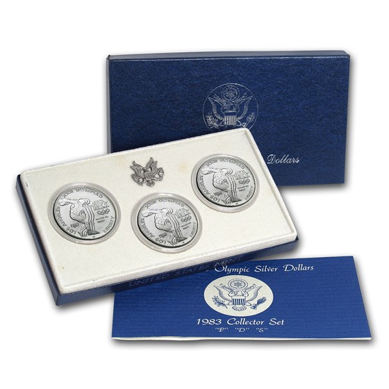 1983 3-Coin Olympic Set BU (P,D,S Dollars, w/Box & COA) 1983 3-Coin Olympic Set BU (P,D,S Dollars, w/Box & COA)
