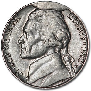 1983 Jefferson Nickel AU Obverse Cud 1983 Jefferson Nickel AU Obverse Cud