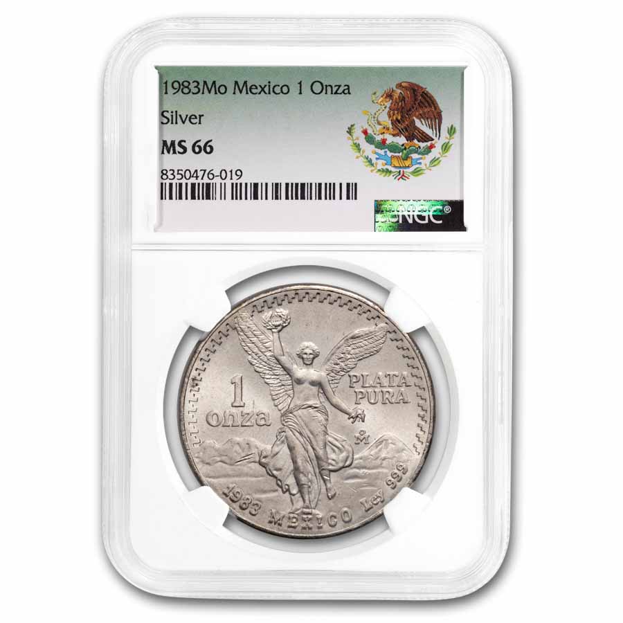 1983 Mexico 1 oz Silver Libertad MS-66 NGC (Coat of Arms Label)