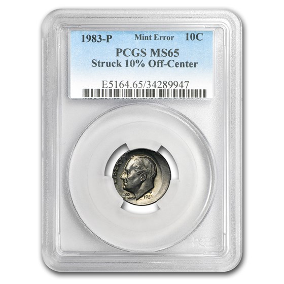 1983-P Roosevelt Dime MS-65 PCGS (Mint Error, 10% Off Center) 1983-P Roosevelt Dime MS-65 PCGS (Mint Error, 10% Off Center)