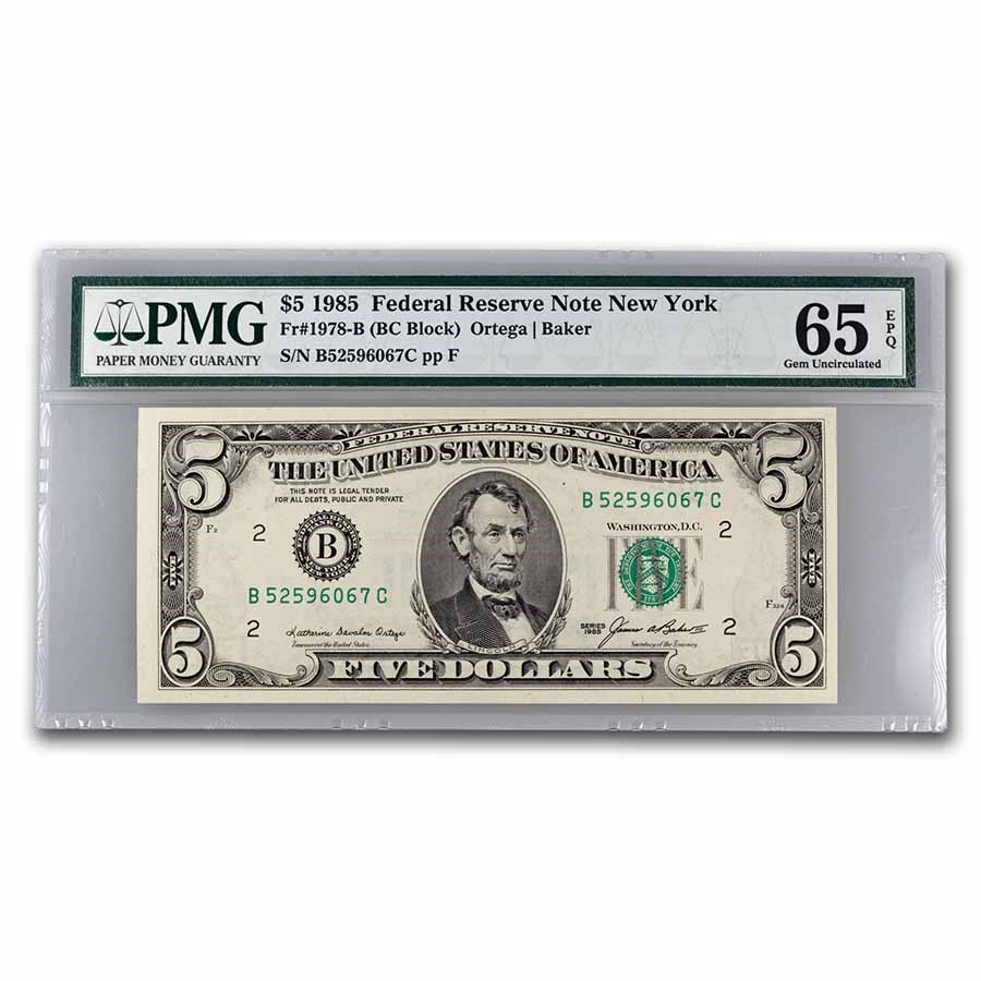 1985 (B-New York) $5.00 FRN Gem CU-65 EPQ PMG (Fr#1978-B)