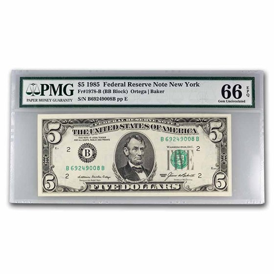 1985 (B-New York) $5.00 FRN Gem CU-66 EPQ PMG (Fr#1978-B) 1985 (B-New York) $5.00 FRN Gem CU-66 EPQ PMG (Fr#1978-B)