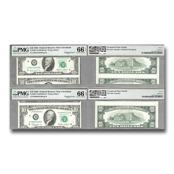 1985 (D-Clev) $10 FRN CU-66 PMG EPQ Cutting Error Pair! 1985 (D-Clev) $10 FRN CU-66 PMG EPQ Cutting Error Pair!