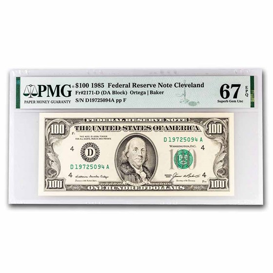 1985 (D-Cleveland) $100 FRN Superb Gem CU-67 EPQ PMG (Fr#2171-D)