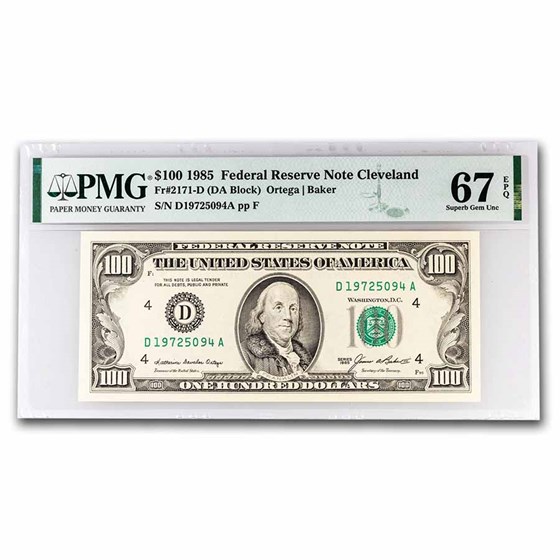 1985 (D-Cleveland) $100 FRN Superb Gem CU-67 EPQ PMG (Fr#2171-D) 1985 (D-Cleveland) $100 FRN Superb Gem CU-67 EPQ PMG (Fr#2171-D)