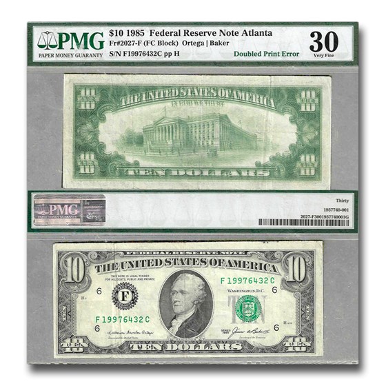 1985 (F-Atlanta) $10 FRN VF-30 PMG (Fr#2027-F) Double Print Error 1985 (F-Atlanta) $10 FRN VF-30 PMG (Fr#2027-F) Double Print Error
