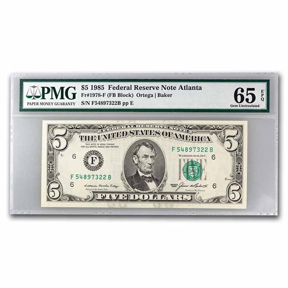 1985 (F-Atlanta) $5.00 FRN Gem CU-65 EPQ PMG (Fr#1978-F) 1985 (F-Atlanta) $5.00 FRN Gem CU-65 EPQ PMG (Fr#1978-F)