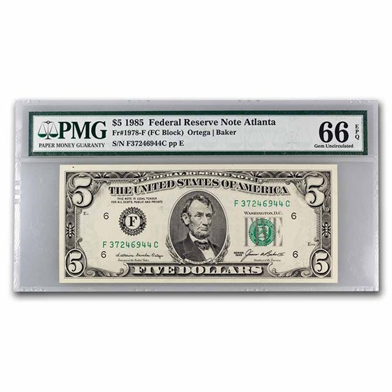 1985 (F-Atlanta) $5.00 FRN Gem CU-66 EPQ PMG (Fr#1978-F) 1985 (F-Atlanta) $5.00 FRN Gem CU-66 EPQ PMG (Fr#1978-F)