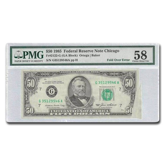 1985 (G-Chicago) $50 FRN Gem AU-58 PMG (Fr#2122-G) Fold Error 1985 (G-Chicago) $50 FRN Gem AU-58 PMG (Fr#2122-G) Fold Error