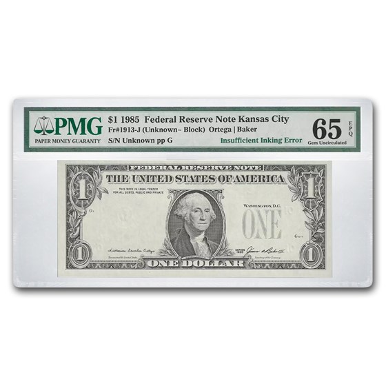 1985 (J-Kansas C) $1.00 FRN CU-65 EPQ PMG (Fr#1913-J) Missing Ink