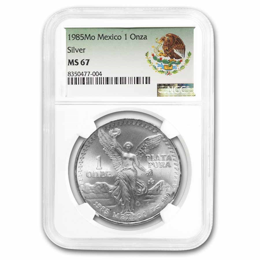 1985 Mexico 1 oz Silver Libertad MS-67 NGC (Coat of Arms Label)