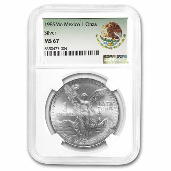 1985 Mexico 1 oz Silver Libertad MS-67 NGC (Coat of Arms Label) 1985 Mexico 1 oz Silver Libertad MS-67 NGC (Coat of Arms Label)