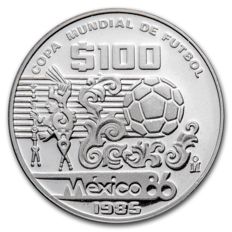 1985 Mexico Silver 100 Pesos Proof (1986 World Cup - Aztec)