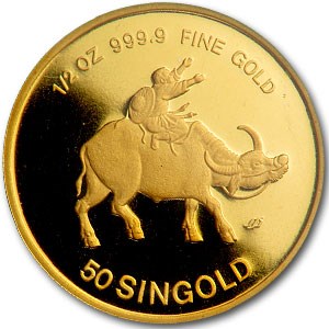 1985 Singapore 1/2 oz Proof Gold 50 Singold Year of the Ox 1985 Singapore 1/2 oz Proof Gold 50 Singold Year of the Ox