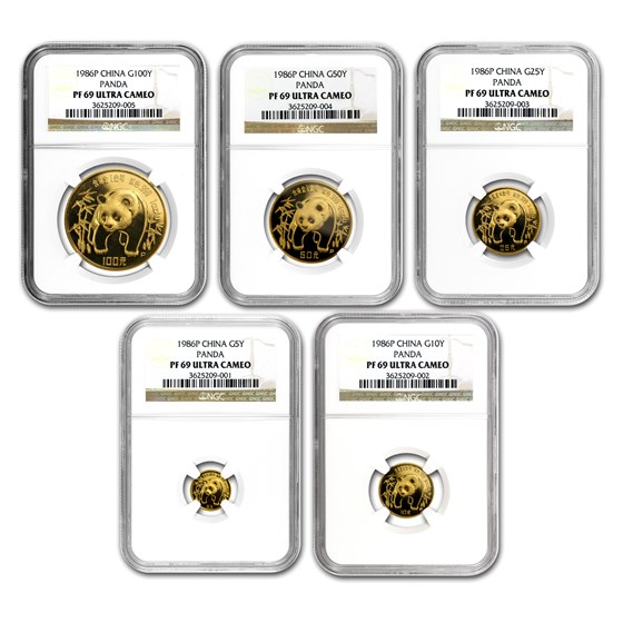 1986 China 5-Coin Gold Panda Proof Set PF-69 NGC 1986 China 5-Coin Gold Panda Proof Set PF-69 NGC