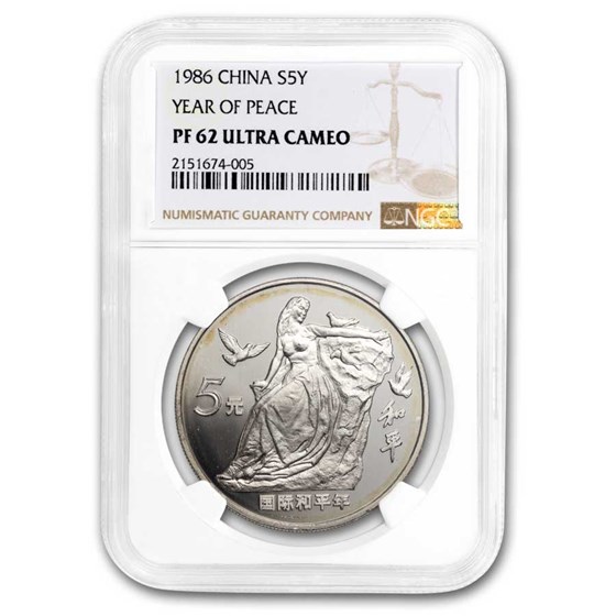 1986 China Silver 5 Yuan International Year of Peace PF-62 NGC 1986 China Silver 5 Yuan International Year of Peace PF-62 NGC