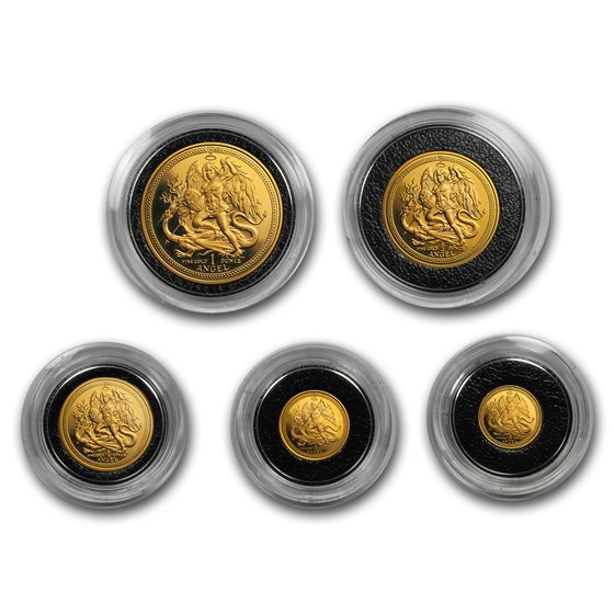 1986 Isle of Man Angel 5-Coin Gold Proof Set (No CoA - Caps Only) 1986 Isle of Man Angel 5-Coin Gold Proof Set (No CoA - Caps Only)