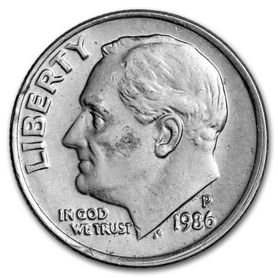 1986-P Roosevelt Dime 50-Coin Roll BU