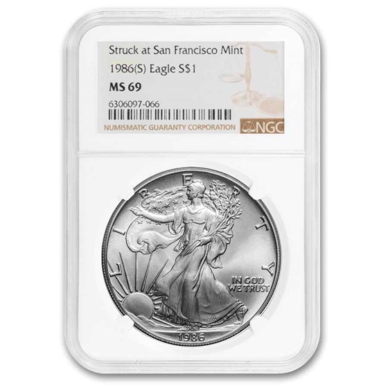 1986 (S) American Silver Eagle MS-69 NGC (San Francisco) 1986 (S) American Silver Eagle MS-69 NGC (San Francisco)