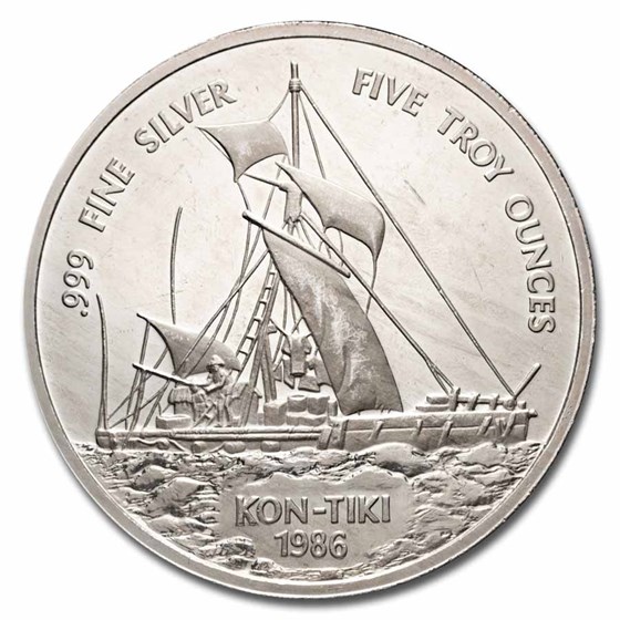 1986 Samoa 5 oz Silver 25 Tala Kon-Tiki Proof (Abrasions)