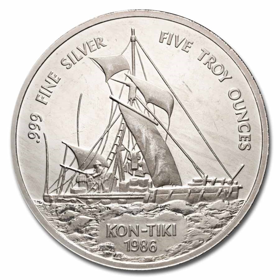1986 Samoa 5 oz Silver 25 Tala Kon-Tiki Proof (Abrasions)