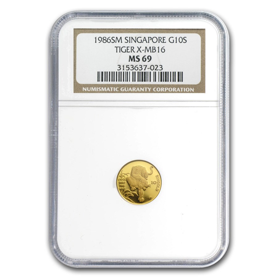 1986 Singapore 1/10 oz Gold 10 Singold Tiger MS-69 NGC