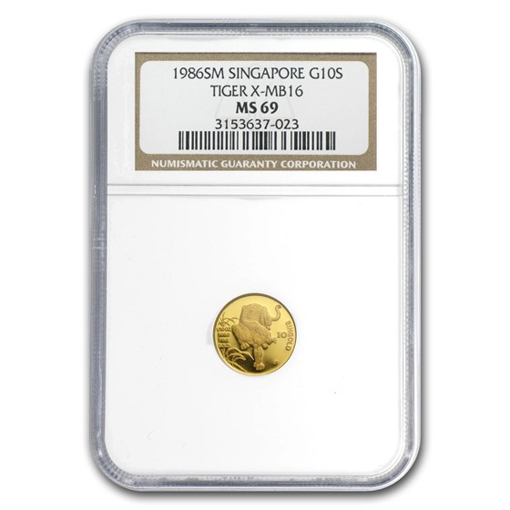 1986 Singapore 1/10 oz Gold 10 Singold Tiger MS-69 NGC 1986 Singapore 1/10 oz Gold 10 Singold Tiger MS-69 NGC
