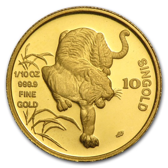 1986 Singapore 1/10 oz Proof Gold 10 Singold Tiger