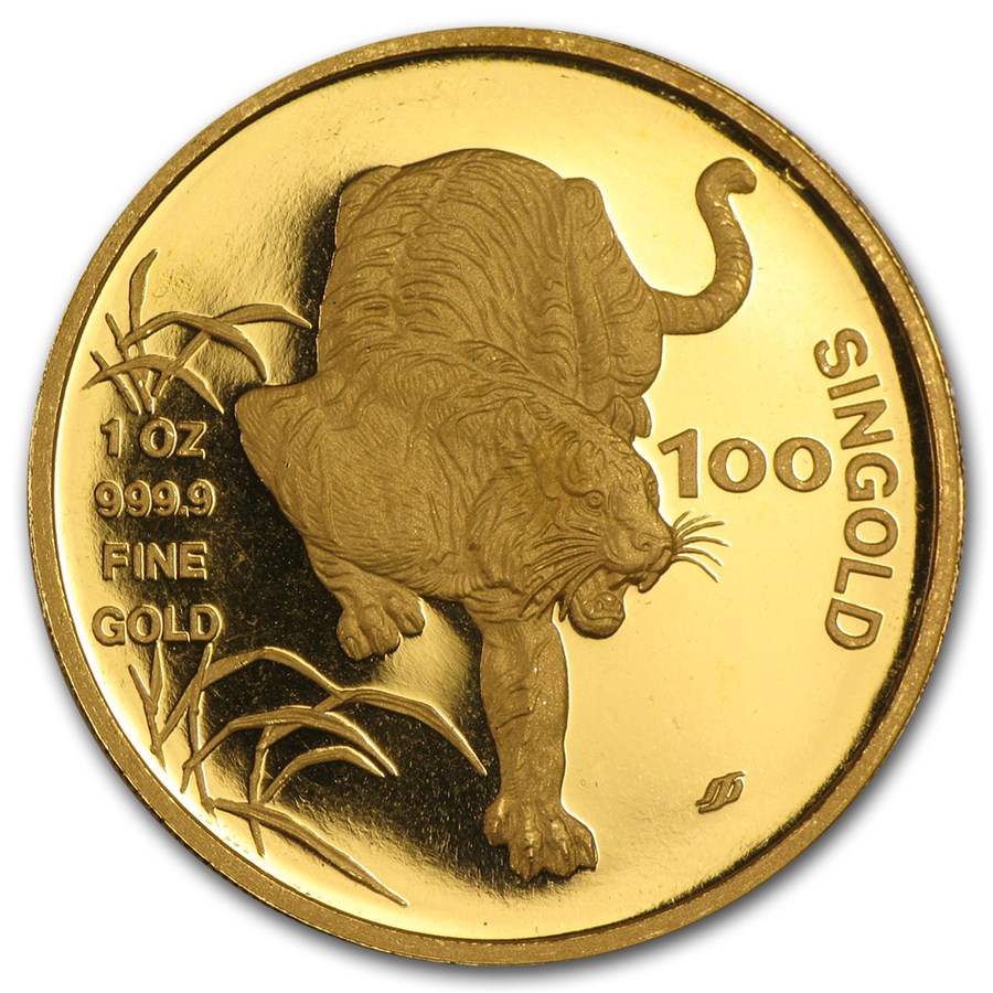 1986 Singapore 1 oz Gold 100 Singold Tiger BU