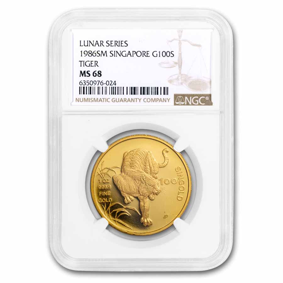Sing to the Sky と　gold ticket(新品未開封品) Buy 1986 Singapore 1 oz Gold 100 Singold Tiger MS-68 | APMEX