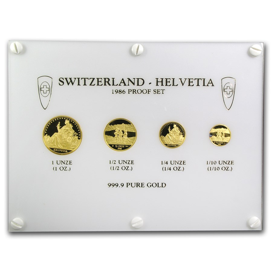 1986 Switzerland 4-Coin Gold Proof Set Eternal Pact (AGW 1.85)