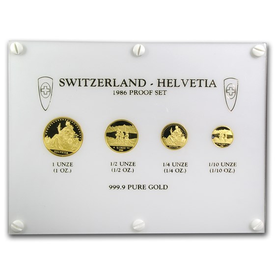 1986 Switzerland 4-Coin Gold Proof Set Eternal Pact (AGW 1.85)