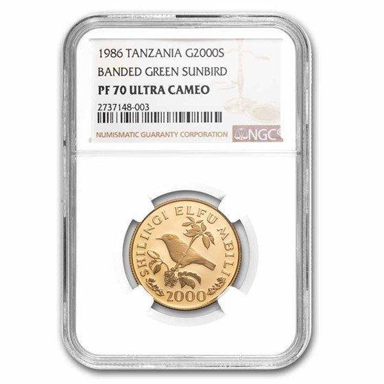 1986 Tanzania Gold 2000 Shilingi Banded Green Sunbird PF-70 NGC 1986 Tanzania Gold 2000 Shilingi Banded Green Sunbird PF-70 NGC