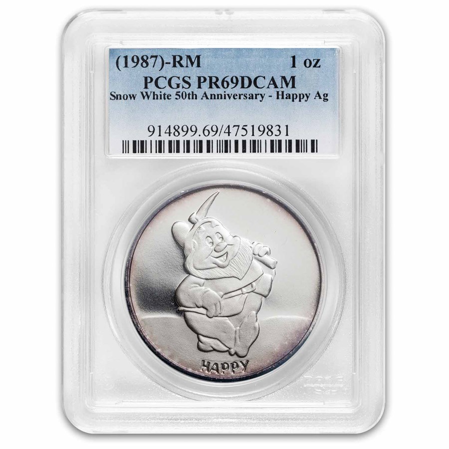 1987 1 oz Silver Disney's Snow White 50th Anniv Happy PR-69 PCGS