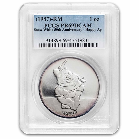 1987 1 oz Silver Disney's Snow White 50th Anniv Happy PR-69 PCGS 1987 1 oz Silver Disney's Snow White 50th Anniv Happy PR-69 PCGS